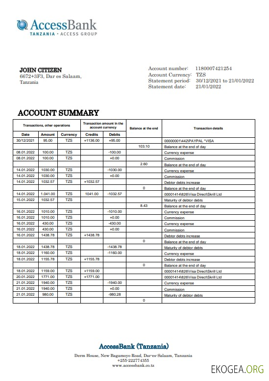 Modèle de relevé de la Tanzanie Access Bank au format Word et PDF